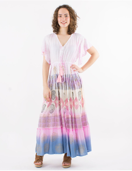 Long viscose tie and dye dress with short sleeves and v-neck