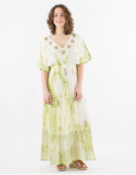 Long cotton voile tie and dye lining dress with beads and short sleeves