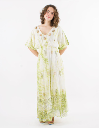 Robe longue voile de coton tie and dye doublée avec perles manches courtes