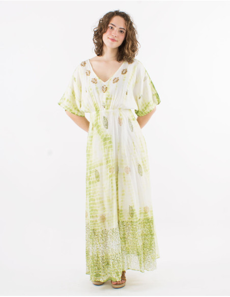 Robe longue voile de coton tie and dye doublée avec perles manches courtes