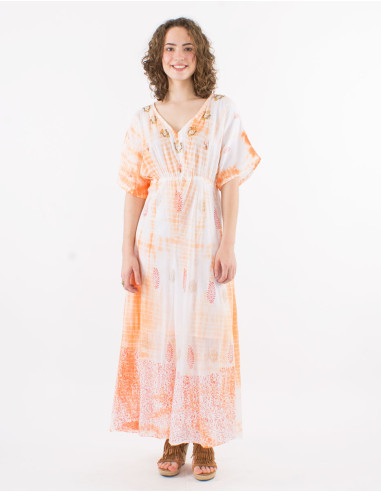 Robe longue voile de coton tie and dye doublée avec perles manches courtes