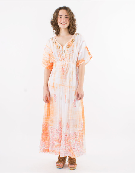 Robe longue voile de coton tie and dye doublée avec perles manches courtes