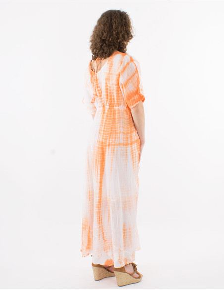 Robe longue voile de coton tie and dye doublée avec perles manches courtes