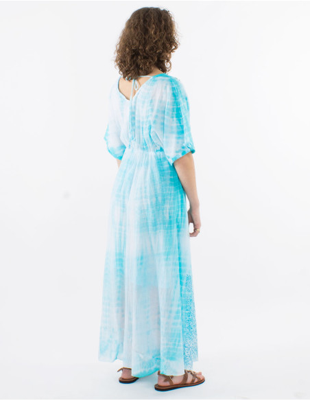 Robe longue voile de coton tie and dye doublée avec perles manches courtes