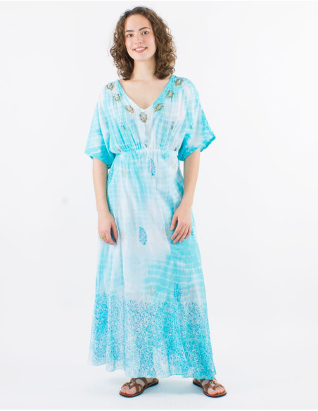 Long cotton voile tie and dye lining dress with beads and short sleeves