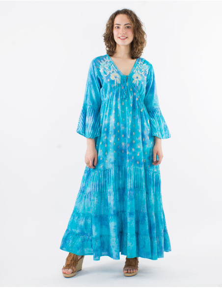 Long cotton voile tie and dye dress with beads and Long sleeves