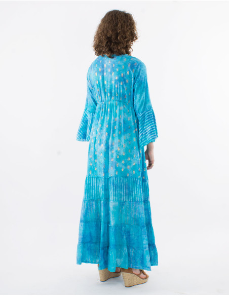 Long cotton voile tie and dye dress with beads and Long sleeves