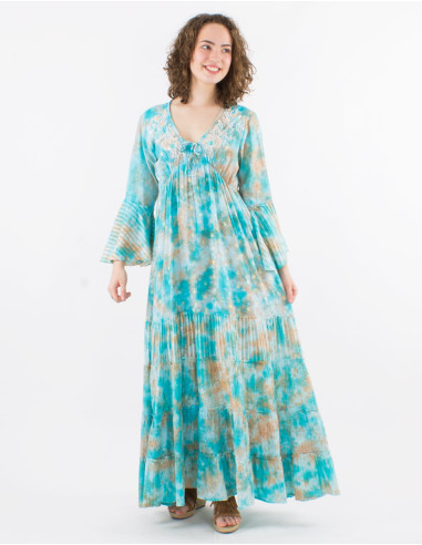 Robe longue voile de coton tie and dye doublée avec perles et fils métallique manches longues