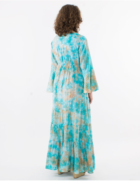 Long cotton voile tie and dye dress with beads and Long sleeves