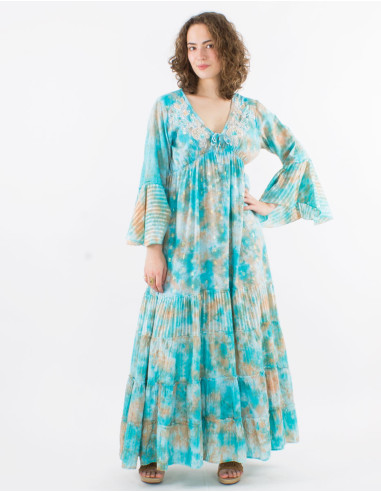 Long cotton voile tie and dye dress with beads and Long sleeves