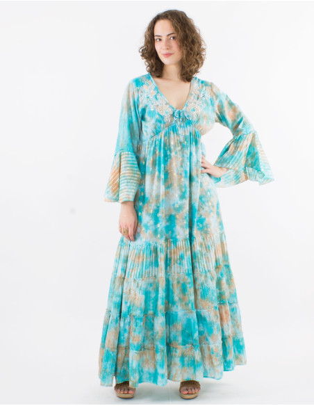 Long cotton voile tie and dye dress with beads and Long sleeves