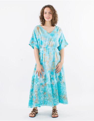Long cotton voile tie and dye dress with lining and short sleeves