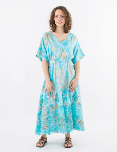 Robe longue voile de coton tie and dye doublée manches courtes