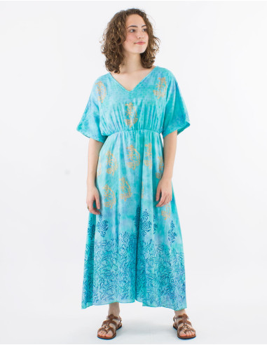 Long cotton voile tie and dye dress with lining and short sleeves