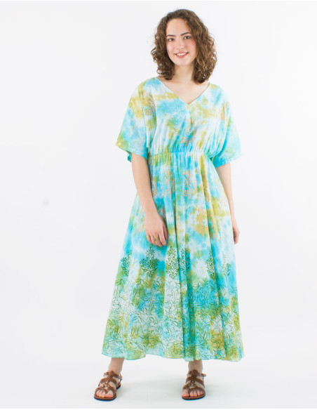 Robe longue voile de coton tie and dye doublée manches courtes