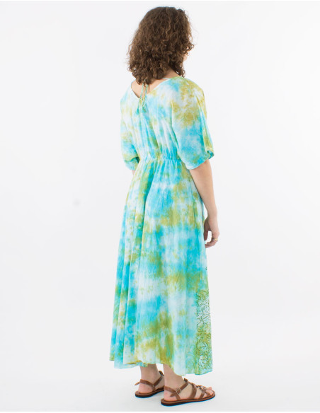 Long cotton voile tie and dye dress with lining and short sleeves