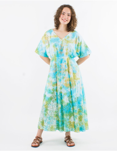 Long cotton voile tie and dye dress with lining and short sleeves