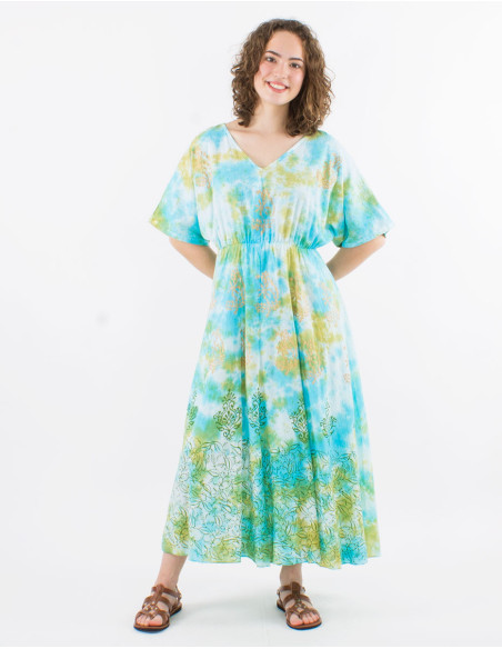 Long cotton voile tie and dye dress with lining and short sleeves