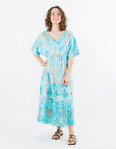 Robe longue voile de coton tie and dye doublée manches courtes