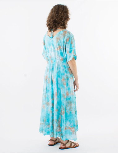 Long cotton voile tie and dye dress with lining and short sleeves