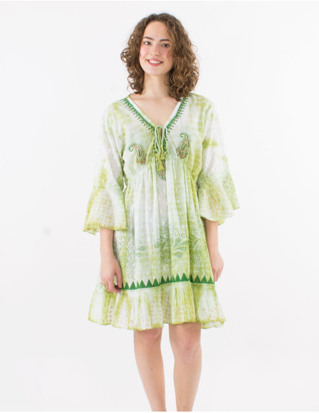 Cotton tie and dye long sleeves dress with beads and lining