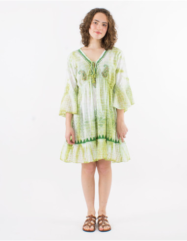 Robe coton tie and dye avec perles manches longues