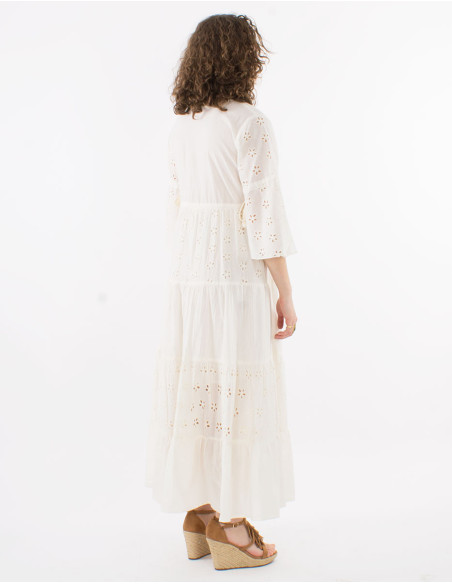 Long cotton embroidered dress with lining and tulip sleeves