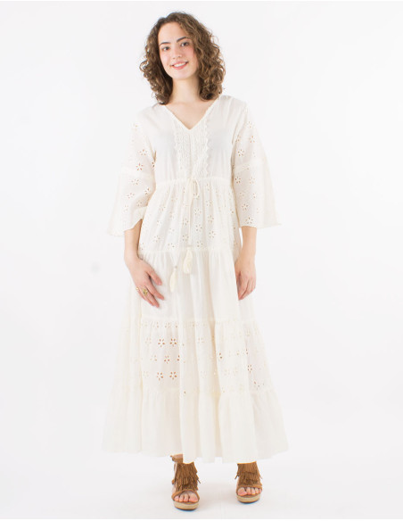 Long cotton embroidered dress with lining and tulip sleeves