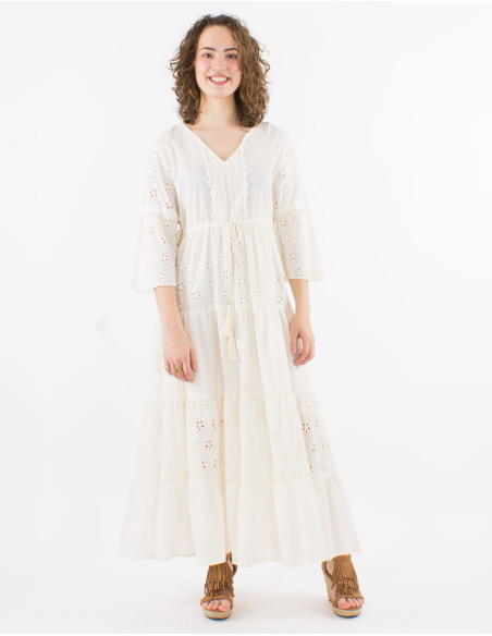 Long cotton embroidered dress with lining and tulip sleeves