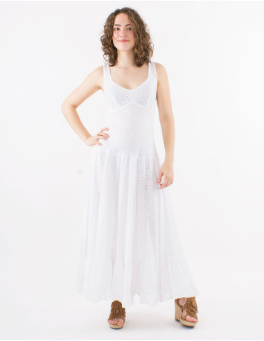 Long cotton embroidered dress with lining and large straps