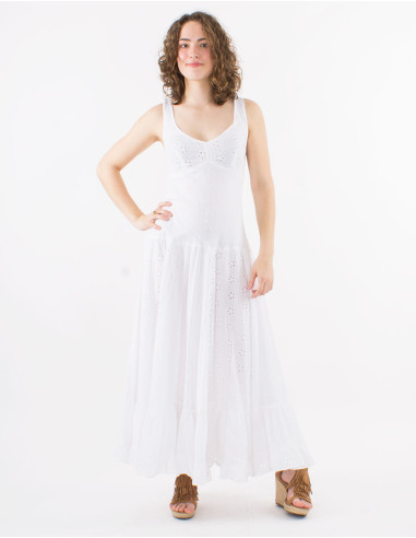 Robe longue coton brodée doublée dos élastique bretelles larges
