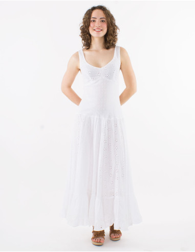 Long cotton embroidered dress with lining and large straps