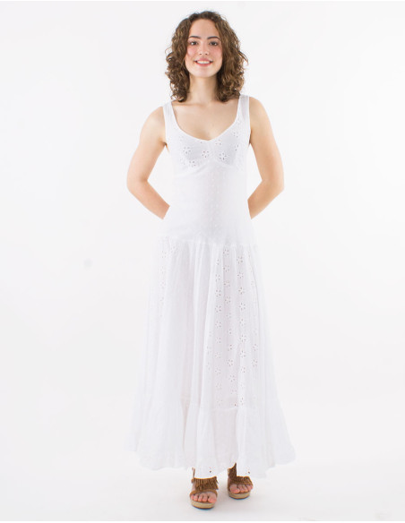 Long cotton embroidered dress with lining and large straps