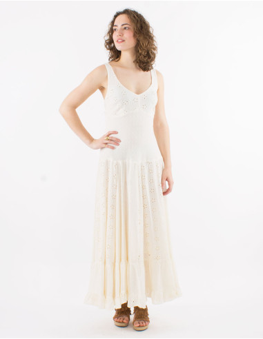 Long cotton embroidered dress with lining and large straps