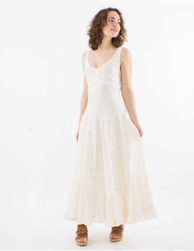 Long cotton embroidered dress with lining and large straps