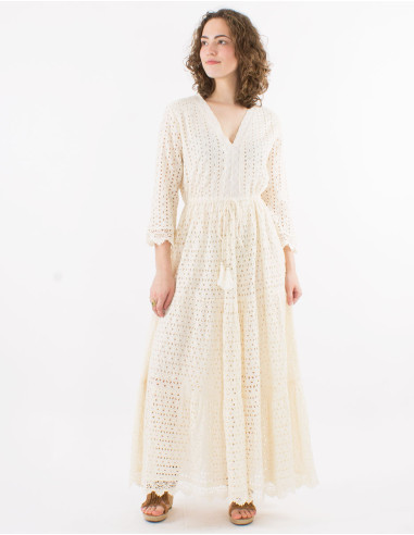 Robe longue coton brodée doublée manches 3/4