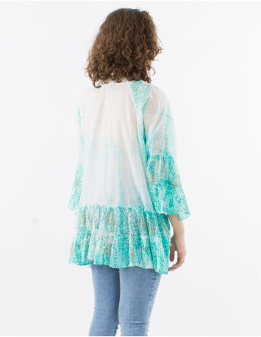 Cotton voile tie and dye tunic with beads and tulip sleeves