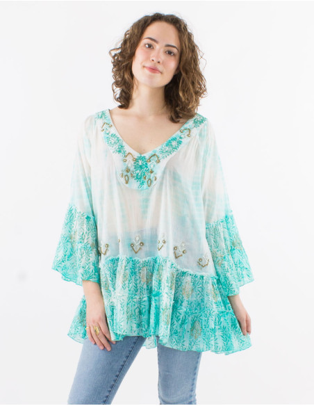 Cotton voile tie and dye tunic with beads and tulip sleeves