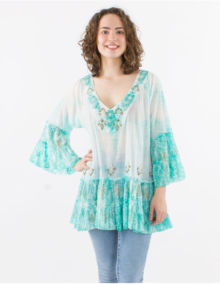 Cotton voile tie and dye tunic with beads and tulip sleeves