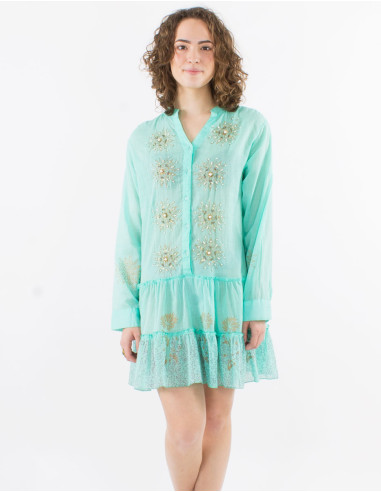 Cotton voile buttoned tunic with beads and straight sleeves