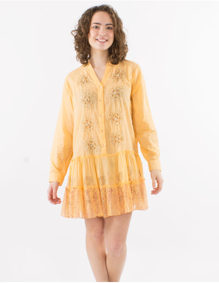 Cotton voile buttoned tunic with beads and straight sleeves