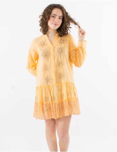Cotton voile buttoned tunic with beads and straight sleeves