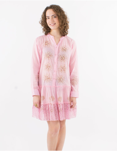 Cotton voile buttoned tunic with beads and straight sleeves