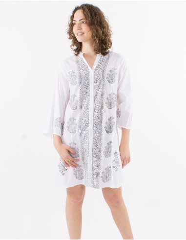 Cotton buttoned tunic with 3/4 sleeves