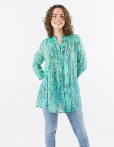 Cotton voile printed tunic with long sleeves