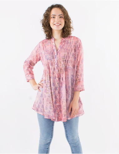 Cotton voile printed tunic with long sleeves