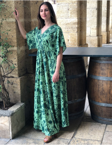 Long polyester dres with short sleeves and "aster dore" print