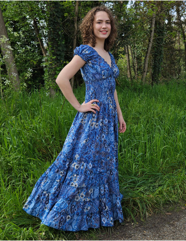Robe longue polyester taille élastique imprimé bohème argenté