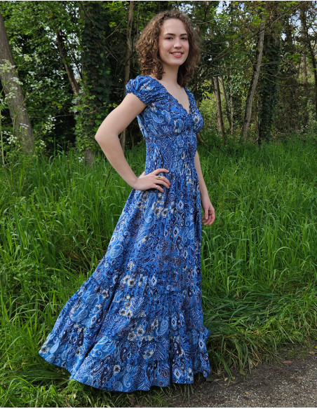 Long polyester dress with elastic size and "boheme argente" print