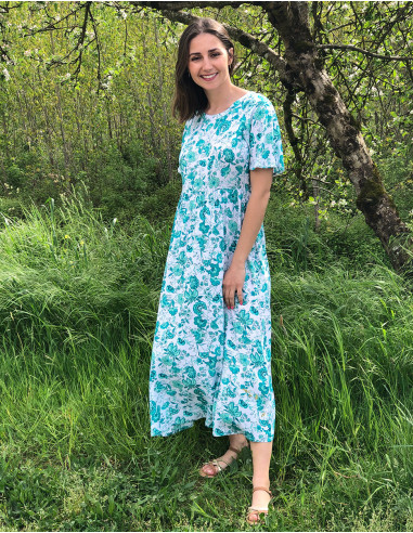 Long viscose dress with short sleeves and "indien" print